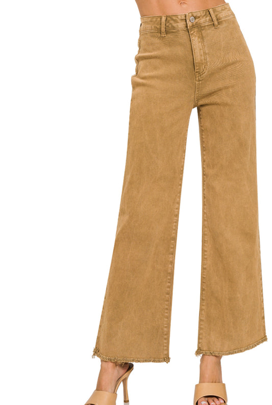 ACID WASHED FRAYED STRAIGHT WIDE PANTS