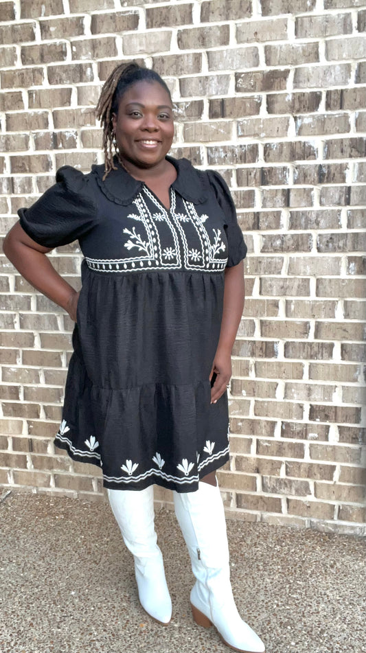 Black Embroidery Collard Dress